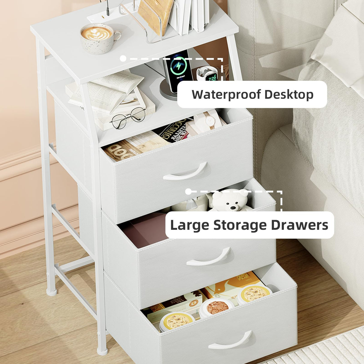 Somdot White Nightstand with Charging Station and LED Light for Bedroom, Tall 3 Drawers Dresser with Fabric Bins for Bedside Kids Dorm Room Closet Laundry Entryway, White Leather Somdot