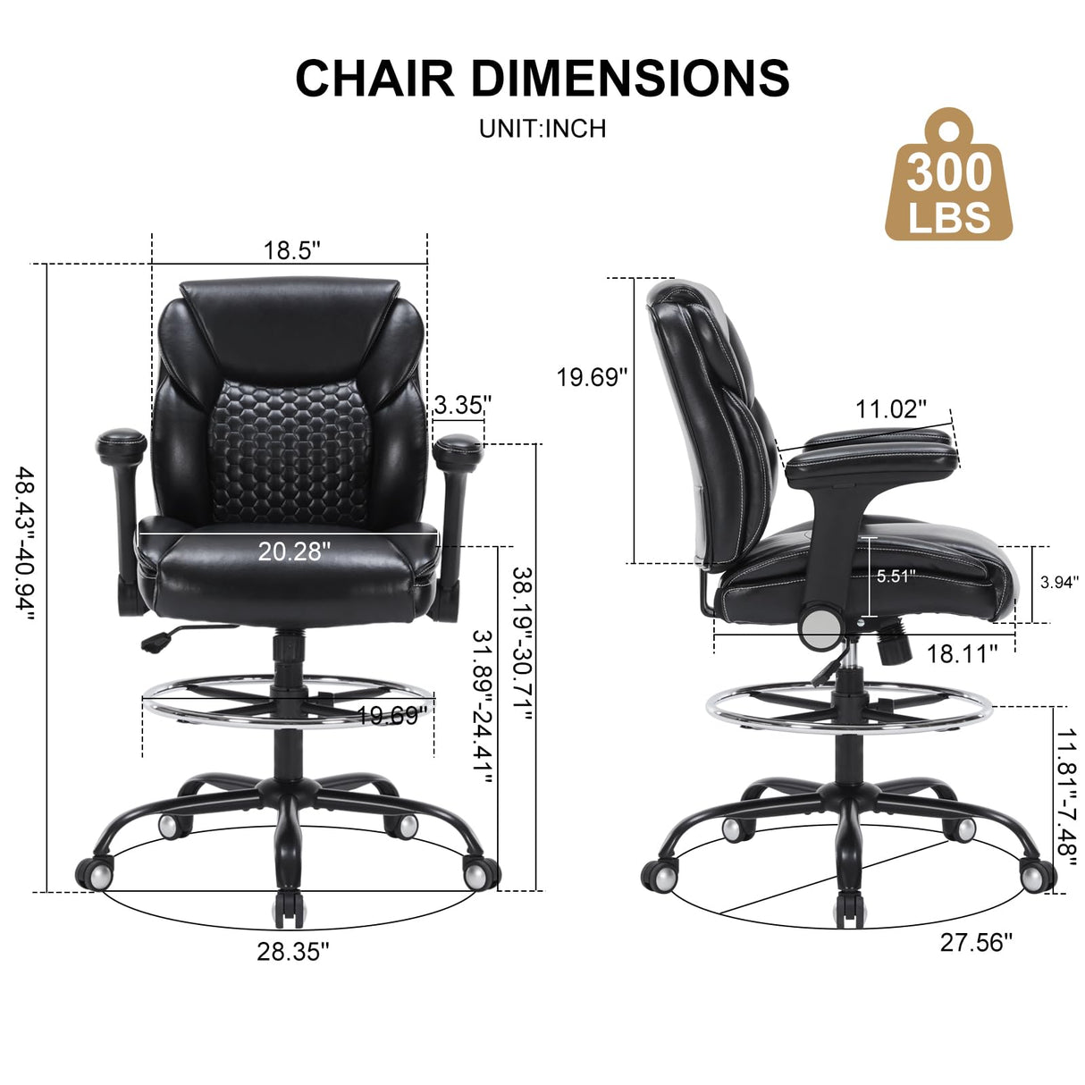 Chairoyal Drafting Chair, Ergonomic Tall Office Chair with Soft Adjustable Arms and Foot Ring, Standing Desk Chair PU Leather High Office Chair for Counter Height Desk, Swivel Computer Stool, Black Chairoyal