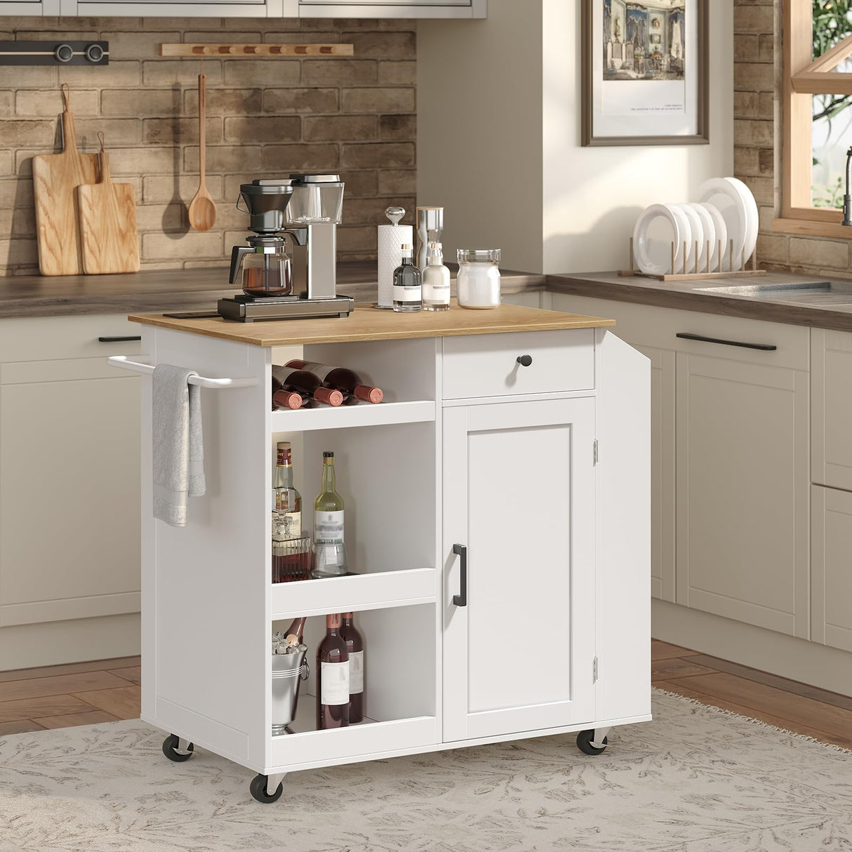 MAHANCRIS Kitchen Island with Power Outlet, Kitchen Storage Island with Drawer, Spice Rack, Towel Rack, Wine Rack, Rolling Kitchen Cart on Wheels, for Dining Room, White and Natural KINW122E01N1 MAHANCRIS