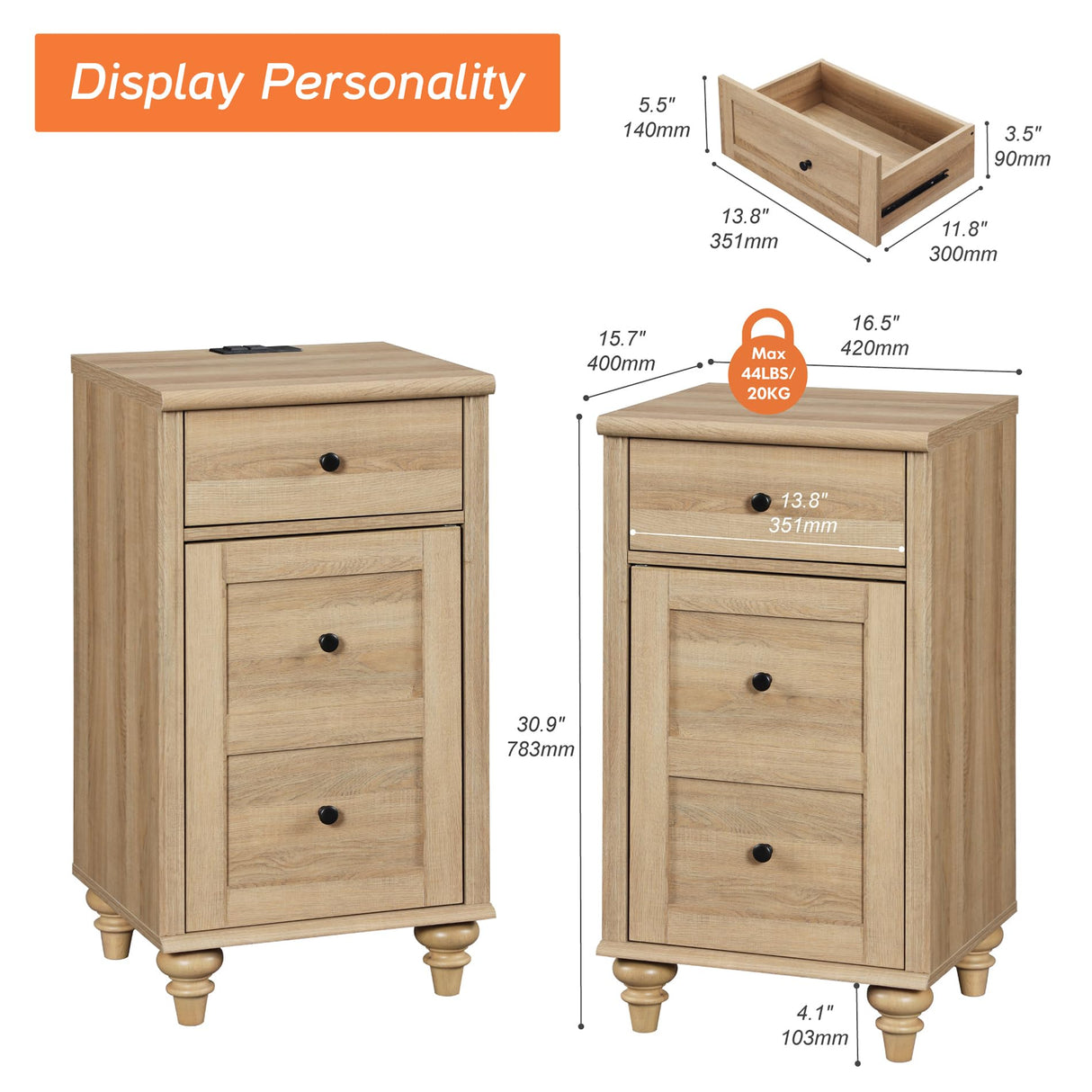 WAMPAT Nightstands with Charging Station, Set of 2 End Table with Power Outlets & USB Ports for Living Room, Modern Side Table with Drawer and Storage Cabinet for Bedroom, Oak WAMPAT