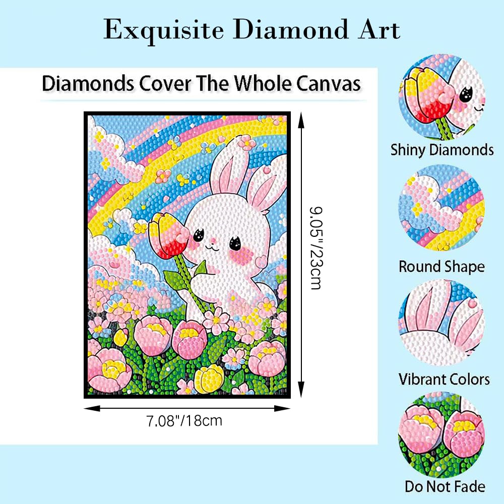PERFECTSIGHT Cute 5D Diamond Art Kits with Wooden Frame, Kawaii DIY Painting Art for Adults, Diamond Arts and Crafts Sets, Big Gem Full Drill Diamond Dots for Women, Rainbow Bunny PERFECTSIGHT