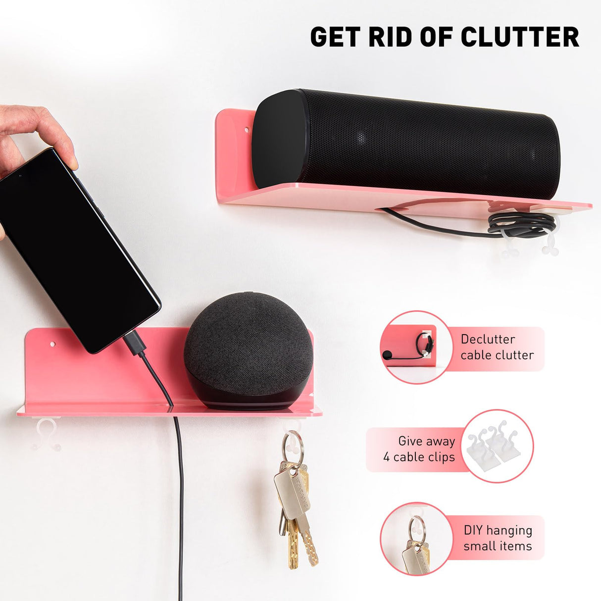 OAPRIRE Pink Acrylic Floating Shelves Set of 2 - Easily Expand Wall Space - Small Wall Shelf with Strong Adhesive for Bedroom, Kids' Room, Bathroom, etc OAPRIRE