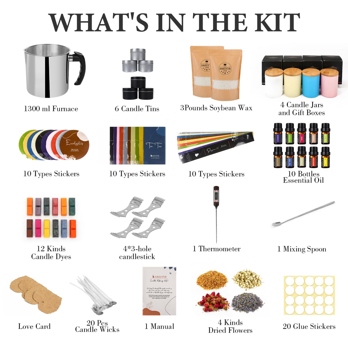 SAEUYVB Candle Making Kit - DIY Starter Soy Candle Making Supplies/Kit - Soy Wax, 10 Jars & Tins, 10 Pleasant Scents, Color Dyes & More,Perfect Candle Making Kit for Adults SAEUYVB