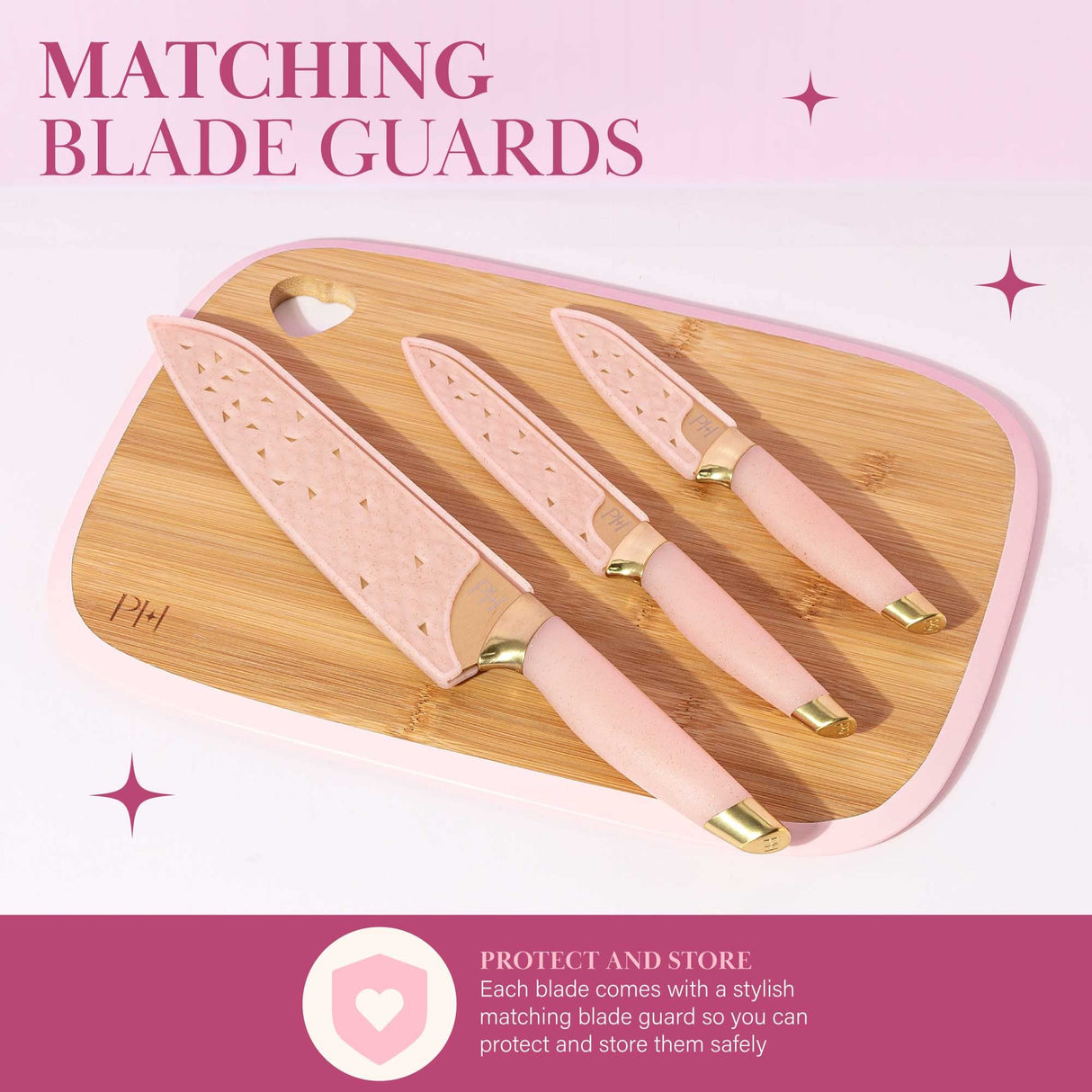Paris Hilton Reversible Bamboo Cutting Board and Cutlery Set with Matching High Carbon Stainless Steel Knives, Blade Guards, Sleek Yet Comfortable Handle Grips, 7-Piece Set Gold, Pink Paris Hilton