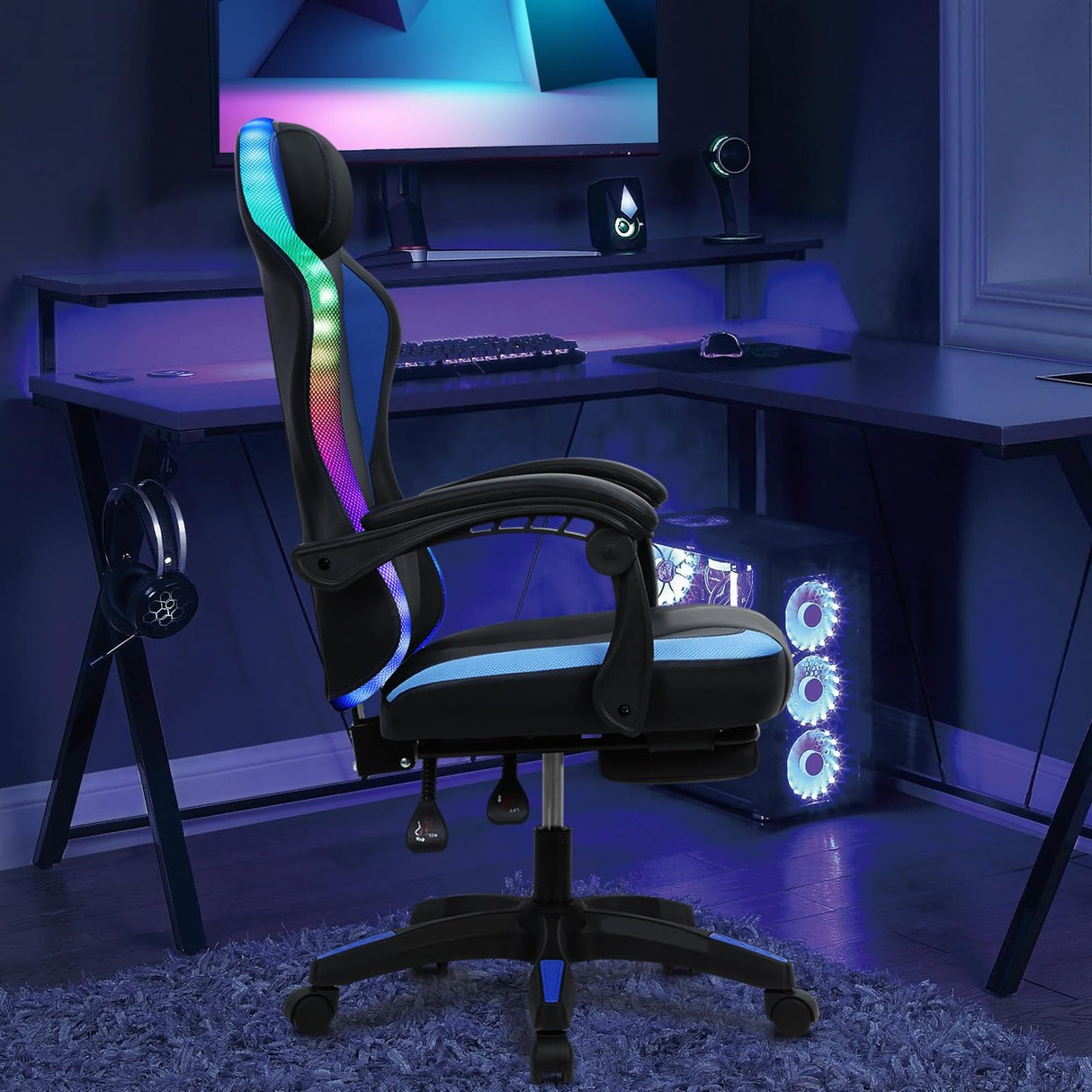 gibxiyza Gaming Chair Desk Chair Computer Chair Ergonomic Office Chair, Gaming Chair with Footrest Ergonomic Massage Computer Chair RGB LED Light High Back Music Video Chair with Lumbar Support Blue gibxiyza