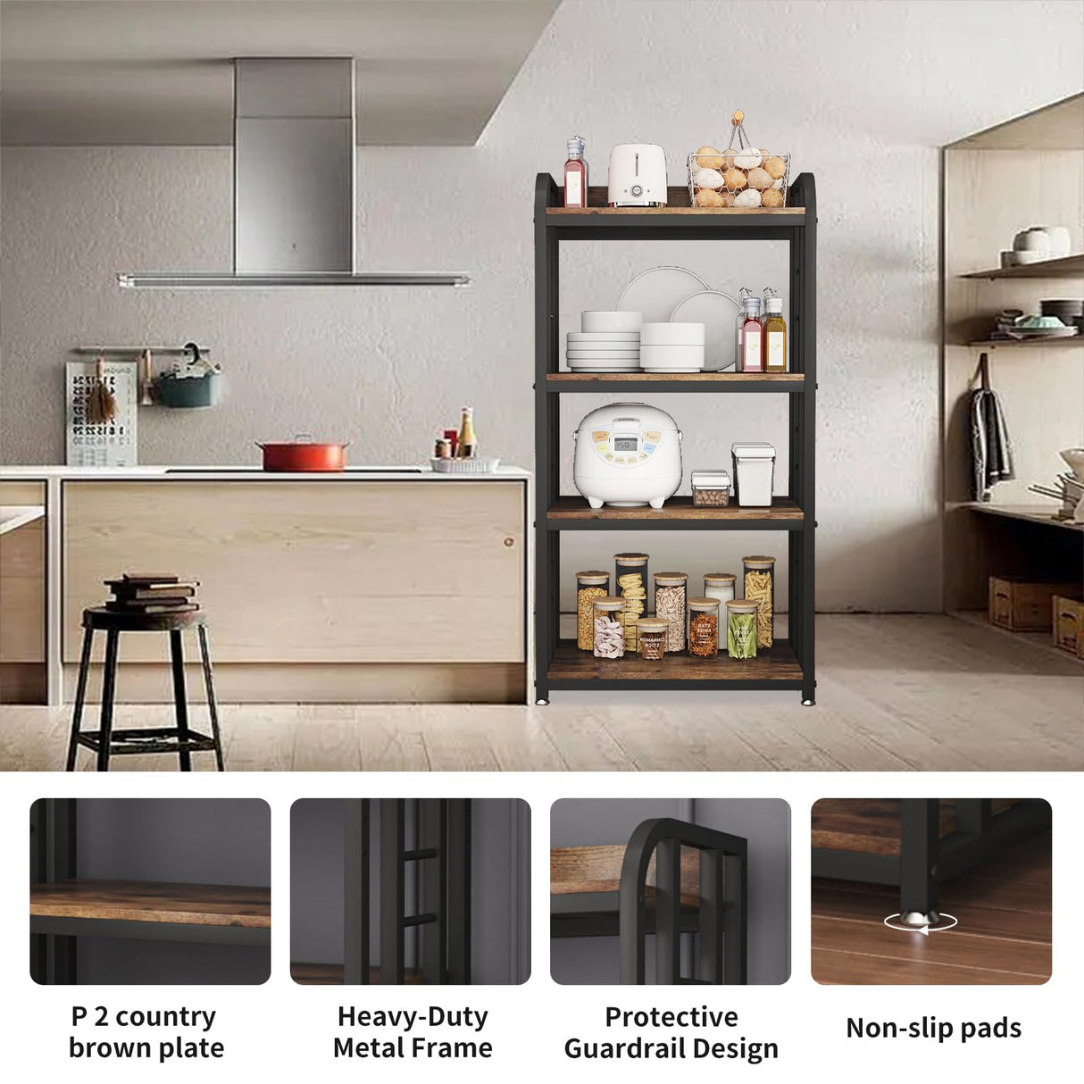 lovemanxi Microwave Oven Stand with Storage 4 Tiers, Free Standing Microwave Oven Stand Coffee Bar Adjustable Kitchen Shelves Kitchen Storage Shelf Rack for Spices, Pots(Brown) lovemanxi