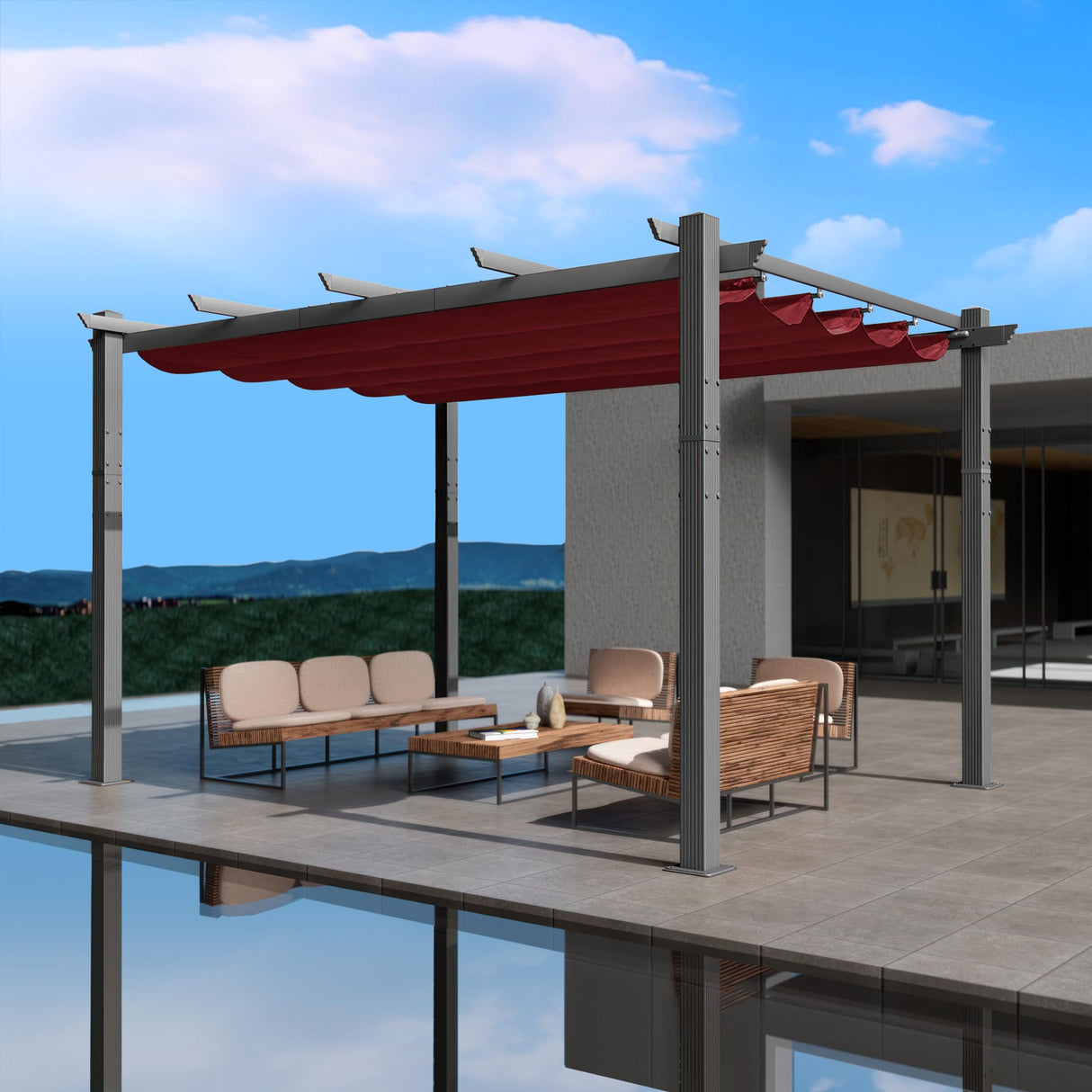 Kozyard Morgan Outdoor Retractable Pergola with Sun Shade Canopy Patio Aluminum Pergola Shelter for Backyard Deck Garden Modern Metal Grill Gazebo (10' x 13', Burgundy) Kozyard