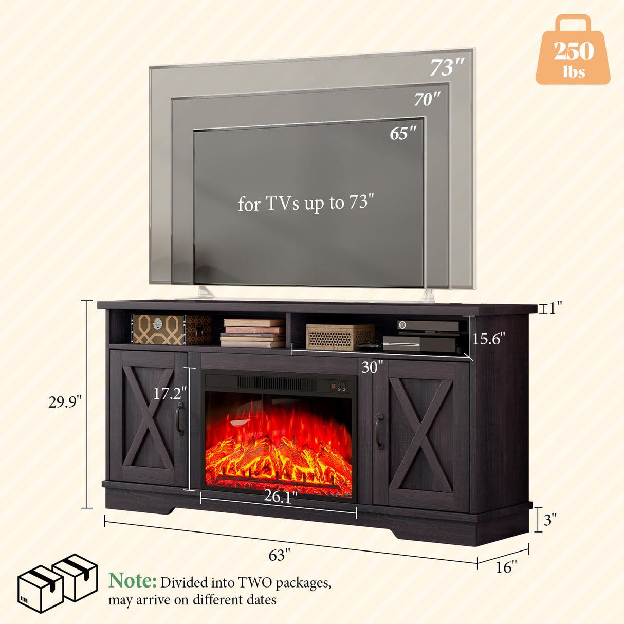 AMERLIFE 63" Farmhouse TV Stand with 26" Fireplace, for TVs up to 73", Media Entertainment Center with Adjustable Shelf & Barn Doors, Rustic TV Console Cabinet for Living Room, Dark Walnut & Wood AMERLIFE