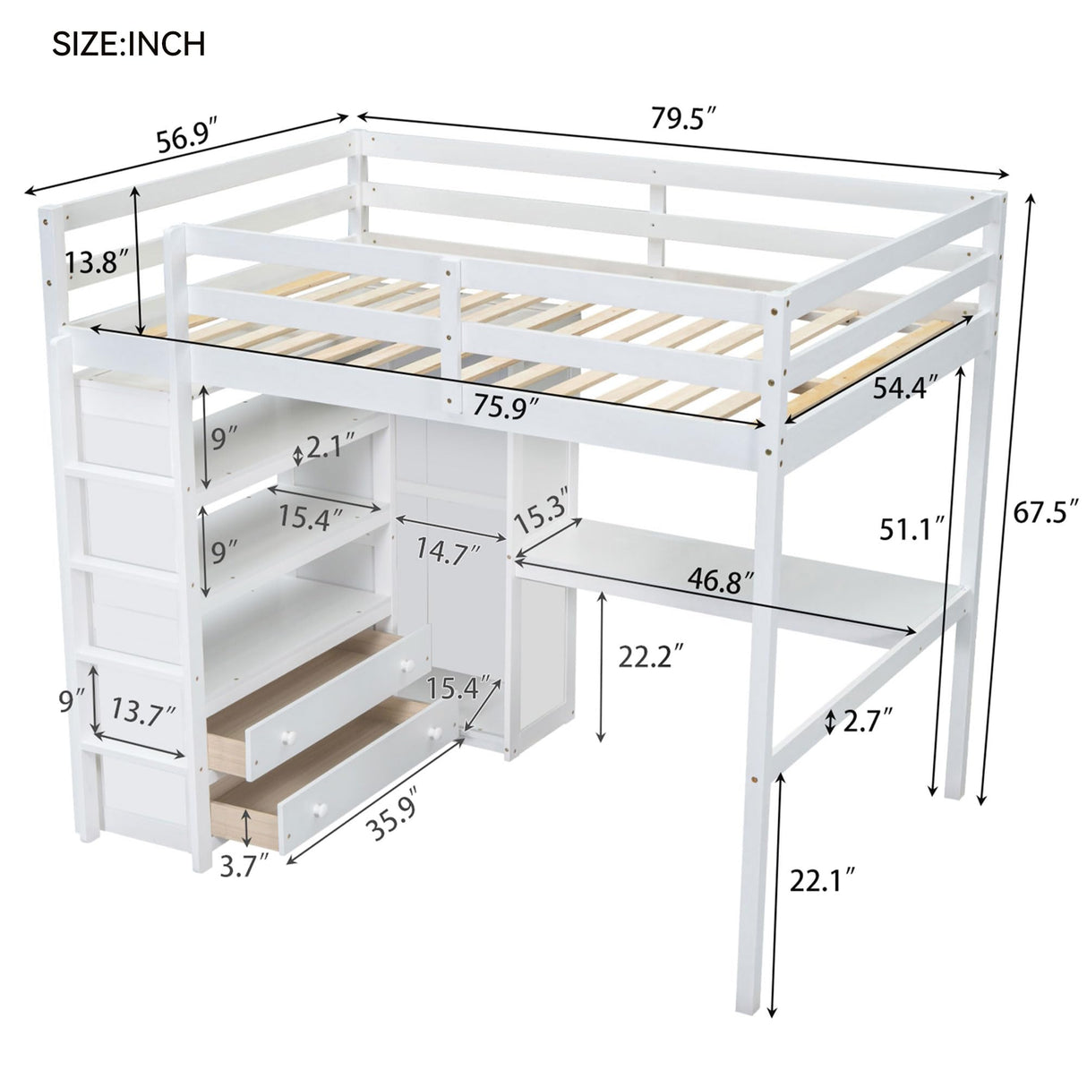 Harper & Bright Designs Full Size Loft Bed with Desk & Wardrobe, Wood Full Loft Bunk Bed with Storage Shelves and Drawers, No Box Spring Needed,White Harper & Bright Designs