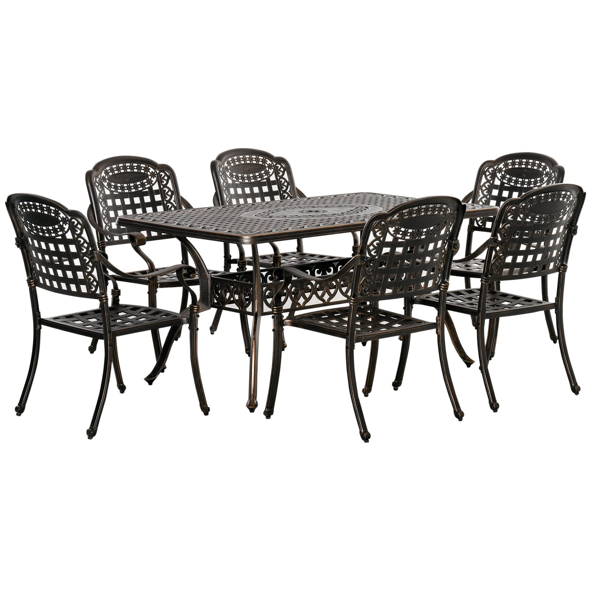 Outsunny 7-Piece Patio Dining Set, Cast Aluminum Outdoor Furniture Set with 6 Armchairs, 1 Table and Umbrella Hole, Bronze Outsunny