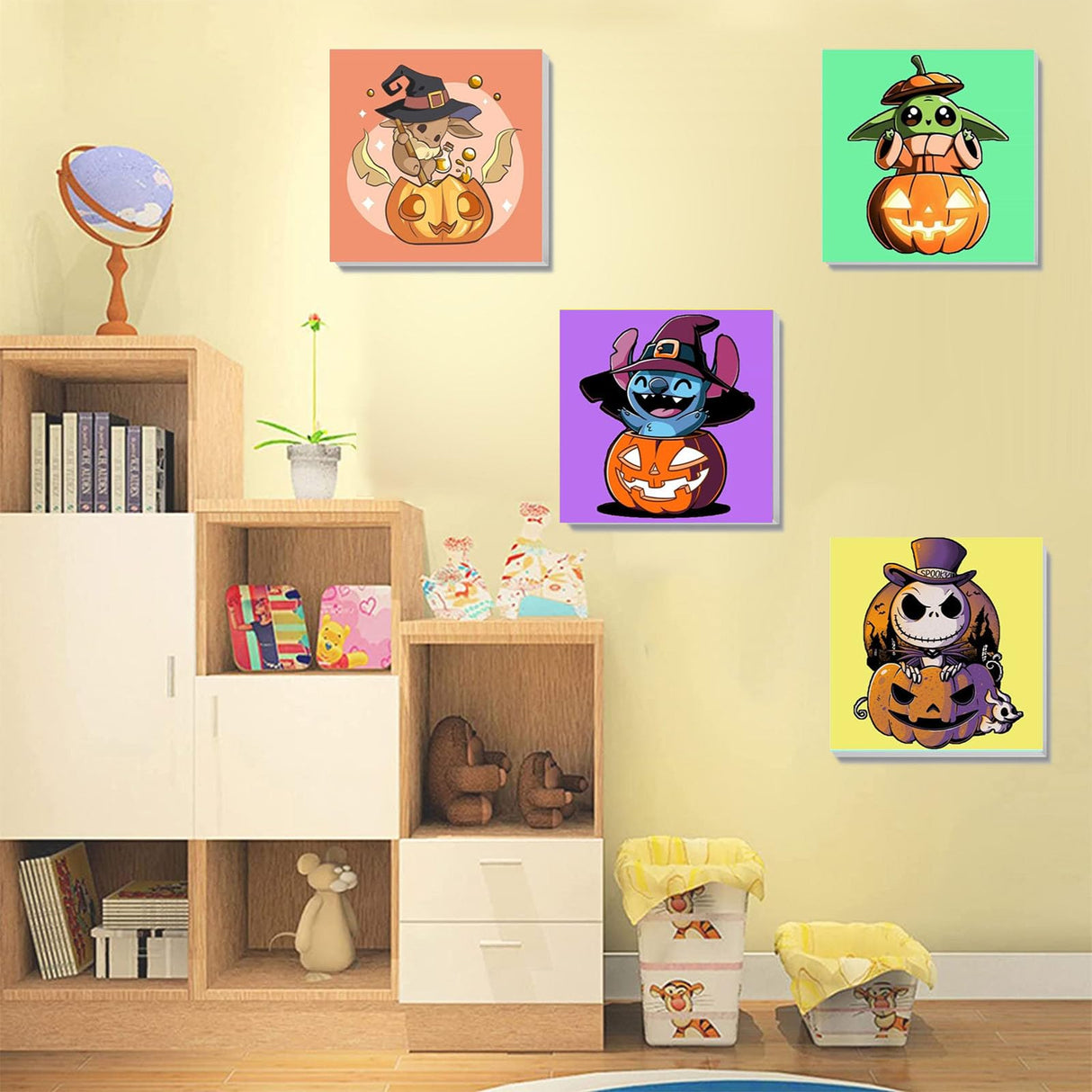 4 Pack Halloween Cartoon Paint by Numbers for Kids with Framed Canvas-with Wooden Easel, Pumpkin Paint by Number for Kids Ages 4-8-12, DIY Easy Acrylic Oil Painting Kits for Home Wall Decor (8X8inch) KOJEFCV