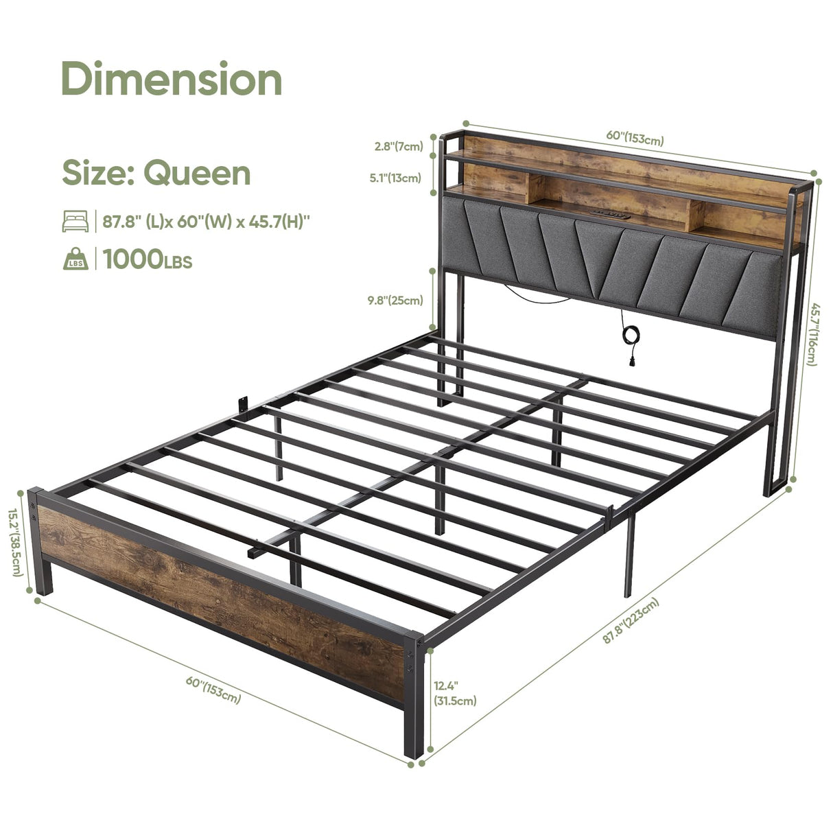 Welzona Queen Bed Frames with Headboard, LED Lights Queen Size Bed Frames with Charging Station, Sturdy and Noise-Free, Storage Space Under Bed, No Box Spring Needed, Brown Welzona