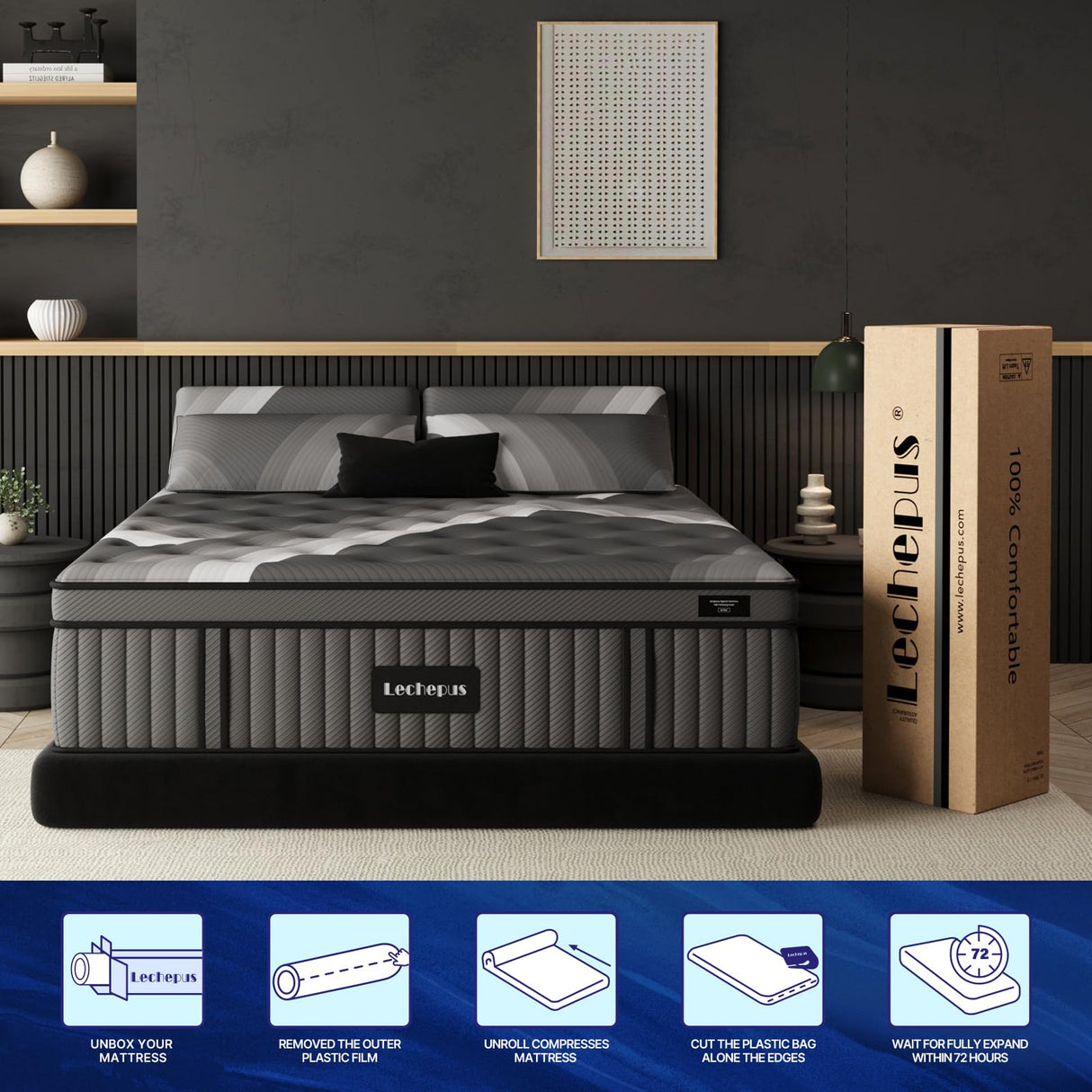 Lechepus 14Inch California King Mattress in Box, Plush Memory Foam Calking Size Mattress Sleep Presssure Relief, 5-Zone Individual Pocket Spring Mattresses, CertiPUR-US Certified None of Fiberglass Lechepussleep