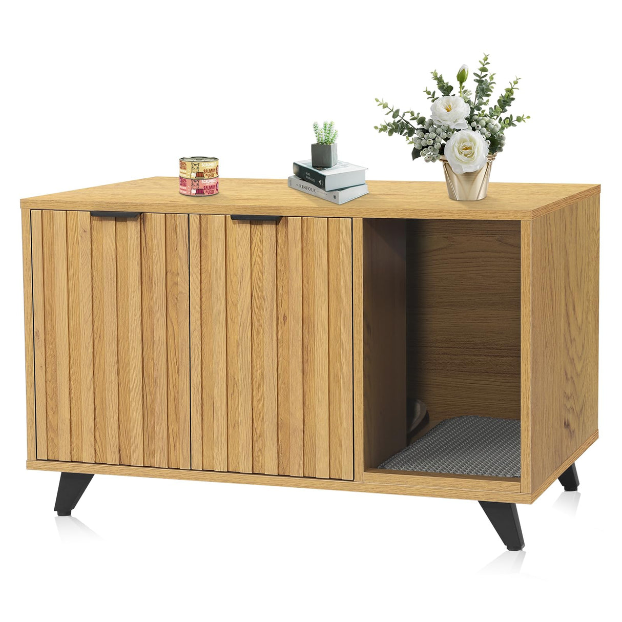 QuicMiou Cat Litter Box Enclosure, Modern Cat Litter Box Furniture Hidden, with Scratching Pad, 4 Metal Legs, Cat House, Natural Oak QuicMiou