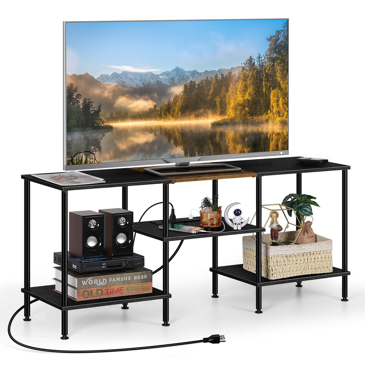 OYEAL Black Bedroom TV Stand with Storage Cabinet up to 50 inch TV, Small TV Console Table with Power Outlets 45 inch Media Entertainment Center for Living Room Bedroom OYEAL