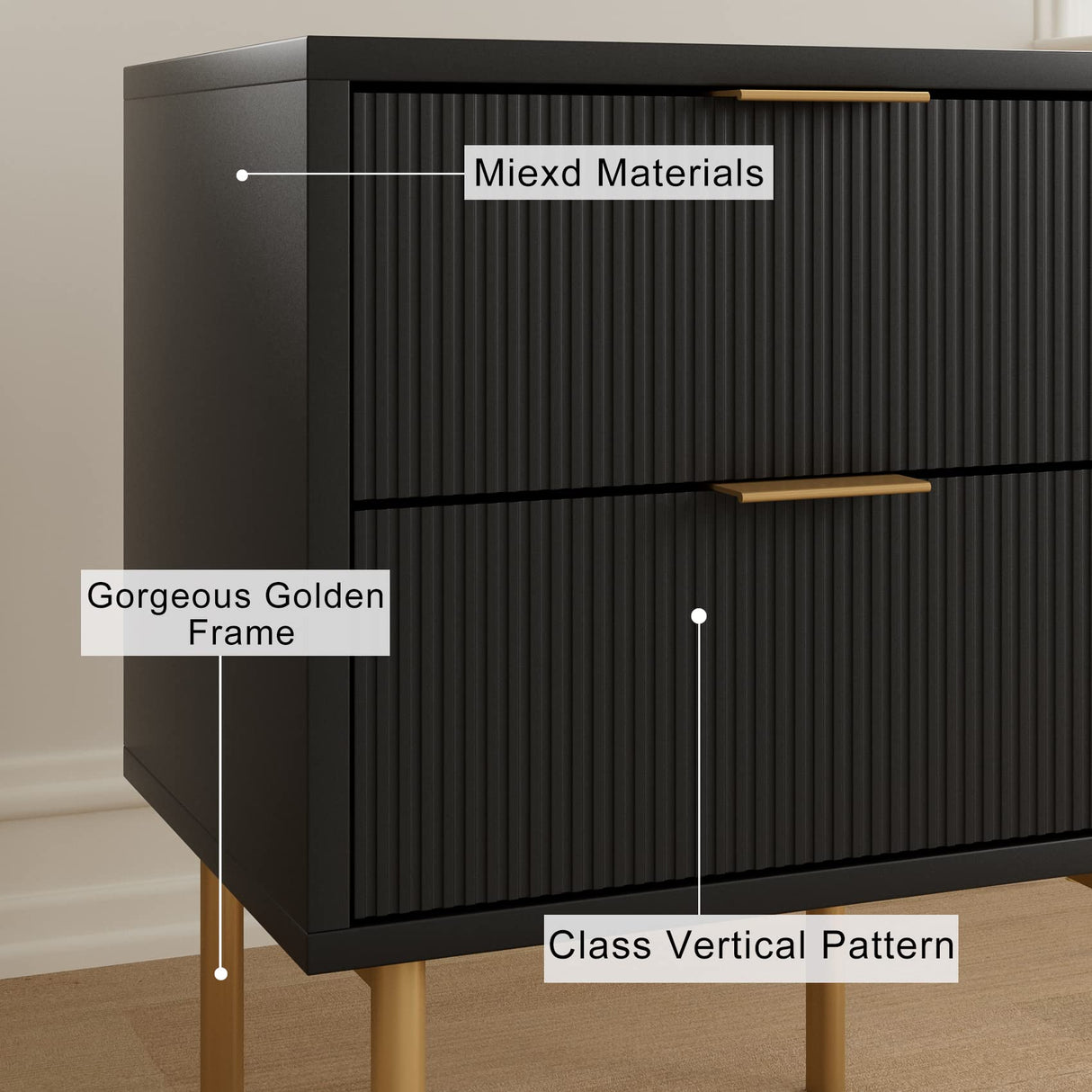 Masupu Nightstand,Mid-Century Modern Bedside Table with 2 Storage Drawer,Small Gold Frame Side End Table for Bedroom,Living Room, Black Masupu