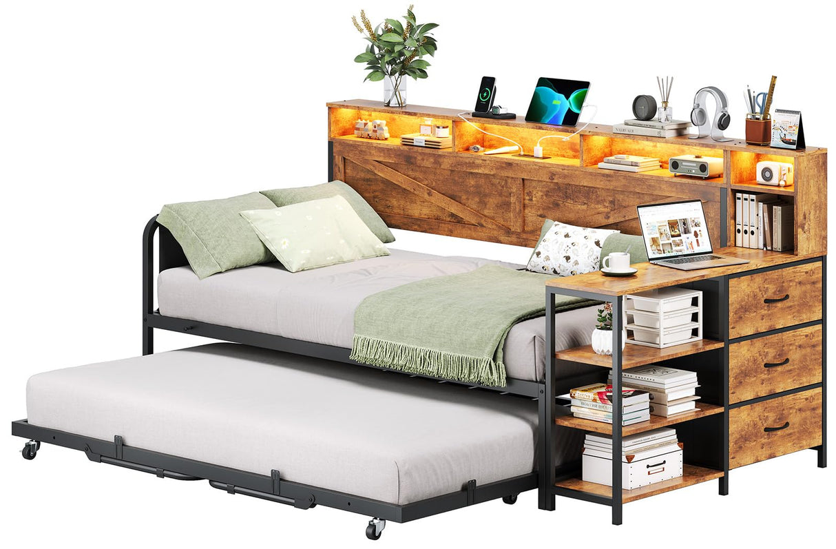 VIAGDO Daybed Twin with Pop Up Trundle, Farmhouse Wooden Day Bed Frame with 3 Storage Drawers and Shelves, Twin to King Daybed with Charging Station and LED Lights for Bedroom, Rustic Brown VIAGDO