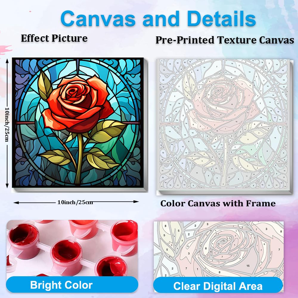 Artunion Framed Paint by Numbers Kit for Adults Beginners & Kids Ages 8-12,Red Rose Flower Paint by Number with Frame, Stained Glass Paint by Numbers Kit on Canvas 10 * 10 Inch Without Easel Artunion