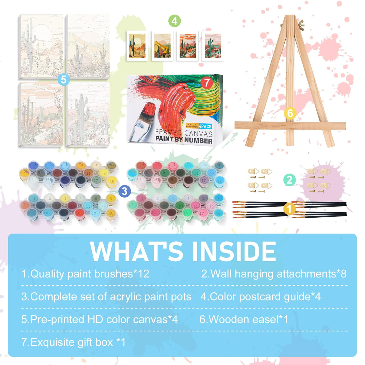 Offito 4 Pack Framed Paint by Numbers Kit for Adults Beginners with Wooden Easel, Cactus Easy Paint by Number Kit with Frame, Watercolor Adult Paint by Number Framed Canvas (8 * 12 Inch) Offito
