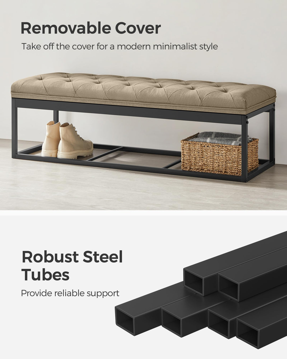 SONGMICS Storage Ottoman Bench, Foot Rest with Legs, 15.7 x 43.3 x 15.7 Inches, End of Bed Bench, Storage Chest, Load up to 660 lb, for Living Room, Bedroom, Entryway, Camel Brown ULSF088R01 SONGMICS