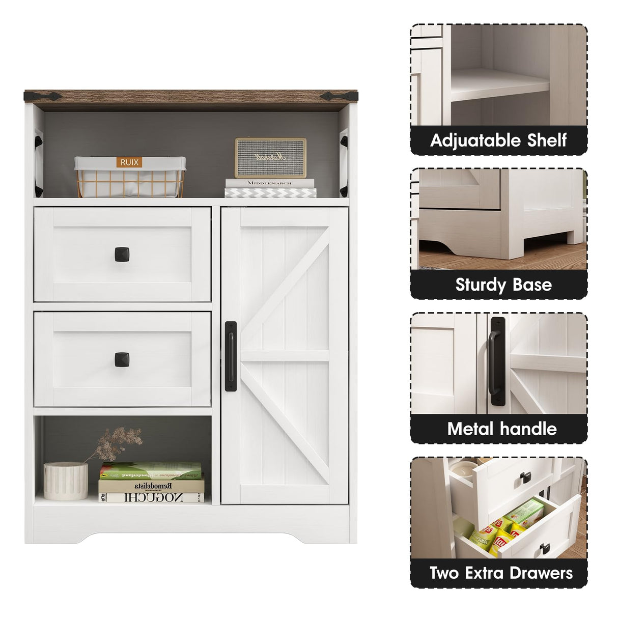 Fameill White Farmhouse Storage Cabinet with 2 Drawers & Shelves,Freestanding Storage Cabinet with Doors & Open Storage,Floor Storage Cabinet for Living Room,Bathroom,Kitchen,Laundry Fameill