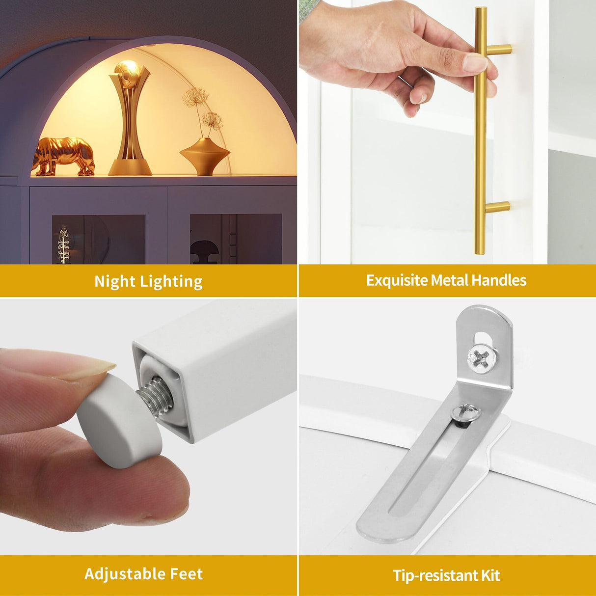 DWVO Arched Display Cabinet with Glass Doors, 71" Tall Storage Organizer Cabinet with Adjustable Shelves, Curio Cabinet with LED Lights, 5 Tier Bookcase for Collectibles Living Room Office, White DWVO