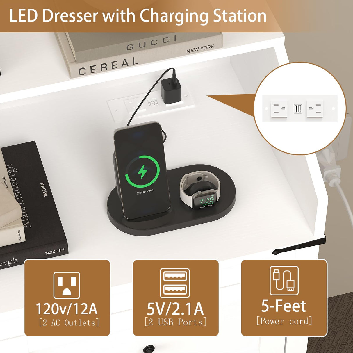 Wodeer Dresser for Bedroom with Power Strip & LED Light,7-Drawer Dresser & Chest of Drawers with Deep Drawers, Wood Double Dresser Storage Cabinet for Bedroom,Living Room, Hallway,White Wodeer