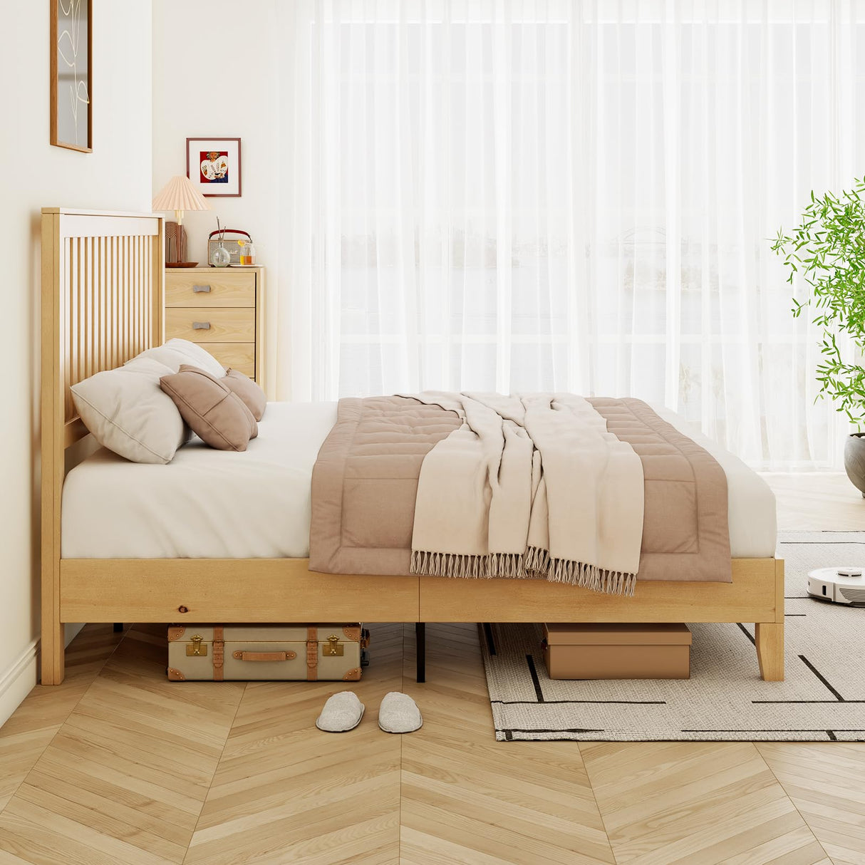 LUXOAK Solid Wood Bed with Headboard, Queen Size Platform Bed Frame with Solid Wood Foundation, Slat Support/No Box Spring Needed/Easy Assembly, Natural Oak LUXOAK