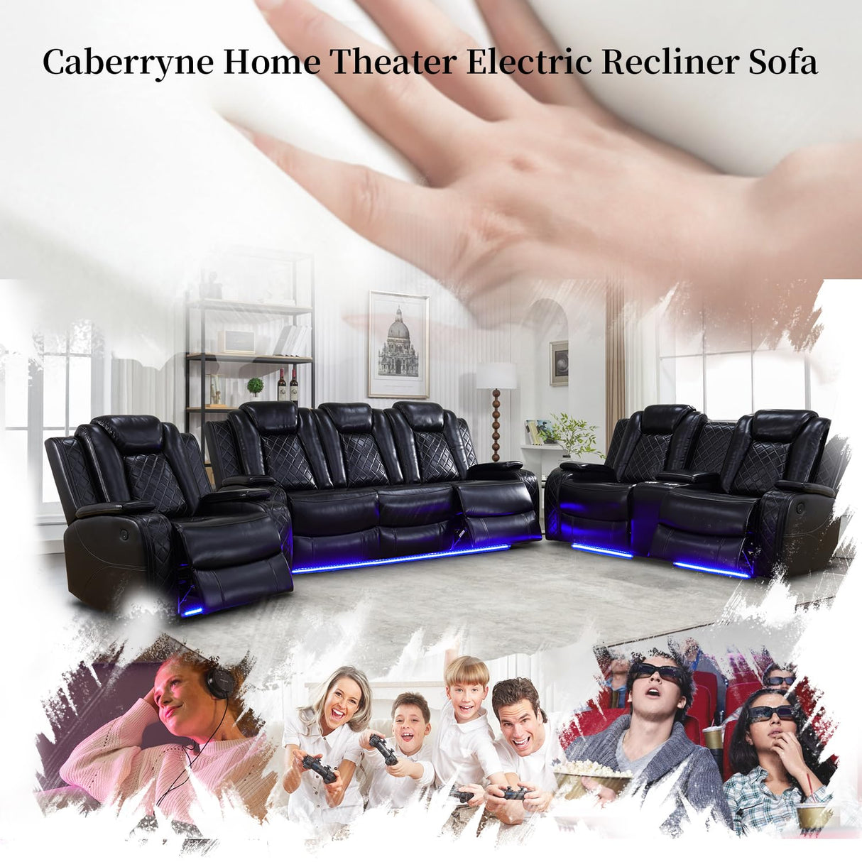 Caberryne Power Recliner Sofa Set with LED Lights,Leather Reclining Sofa and Loveseat Set with USB Port/Cup Holder,Living Room Furniture Set for House/Home Theater(2 Piece Set,Black) Caberryne