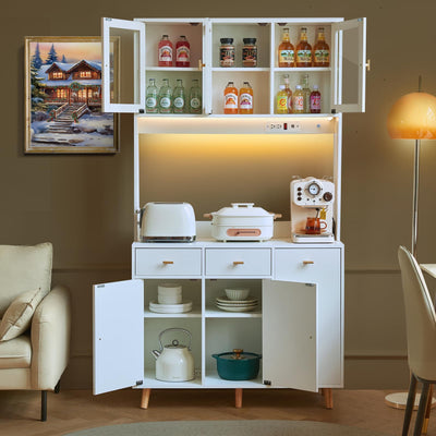 JanflyHome Kitchen Pantry Storage Cabinet with Power Outlet & Light, 73'' Freestanding Hutch Cabinet with Glass Door & Microwave Stand, Tall Cabinet for Dining Room, Adjustable Shelves, White…