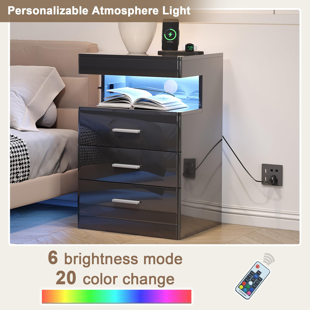 Treocho Led Nightstand with Hidden Space, Modern Night Stand with Charging Station, 3 Drawer Smart Nightstand with Glossy Finish, Tall Bedside Table with RGB Lights for Bedroom, Black Treocho