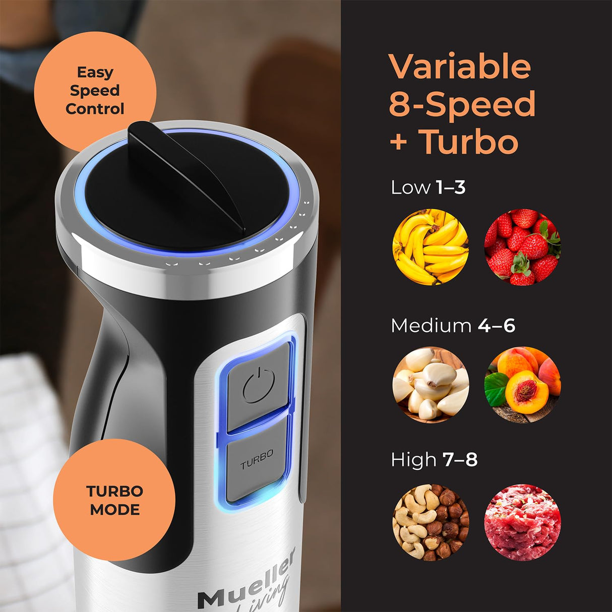 Mueller Immersion Blender Handheld - 8 Speed Stainless Steel Electric Hand Blender, 3 in 1 Emulsion Blender Handheld with Turbo Mode, Stick Blender Emulsifier for Kitchen for Soup, Smoothie, Puree Mueller