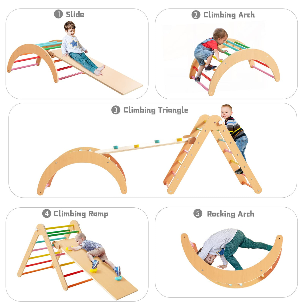 Beright 4 in 1 Pikler Triangle Gym, Montessori Foldable Climber with Ramp, Indoor Climbing Toys for Kids, Climbing Triangle for Toddlers Arch Climber, Rocker, Learning Waldorf Children Toy, Rainbow Beright