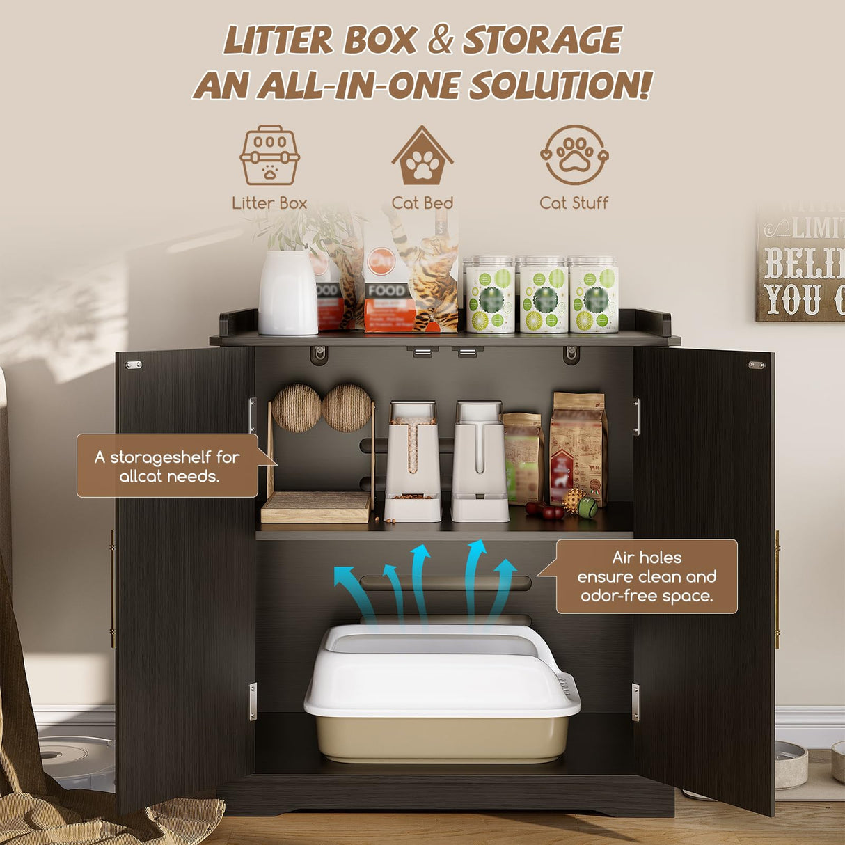 Halitaa Cat Litter Box Enclosure Furniture, Hidden Litter Box Furniture with Removable Dividers, Reversible Entrance Can Be on Left or Right Side, for Hallway, Bedroom, Black, 31.4" L Halitaa