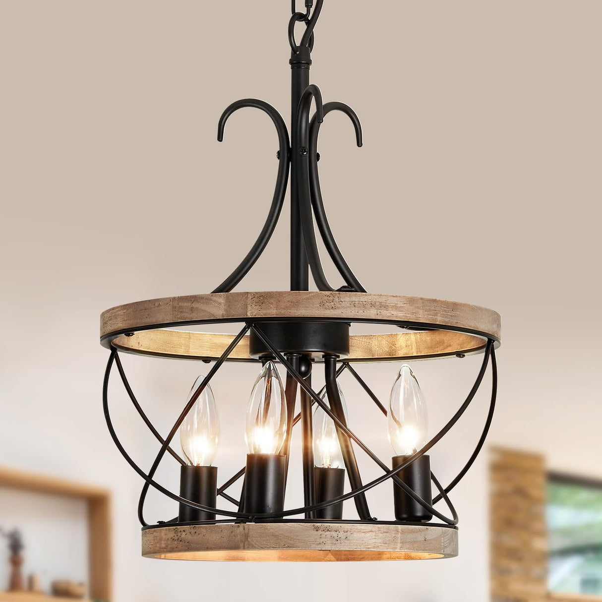 UOFUS 4-Light Farmhouse Wood Chandelier Rustic Drum Hanging Pendant Lighting French Country Industrial Candle Chandelier Light Fixture for Dining Room Kitchen Living Room Entryway Office UOFUS