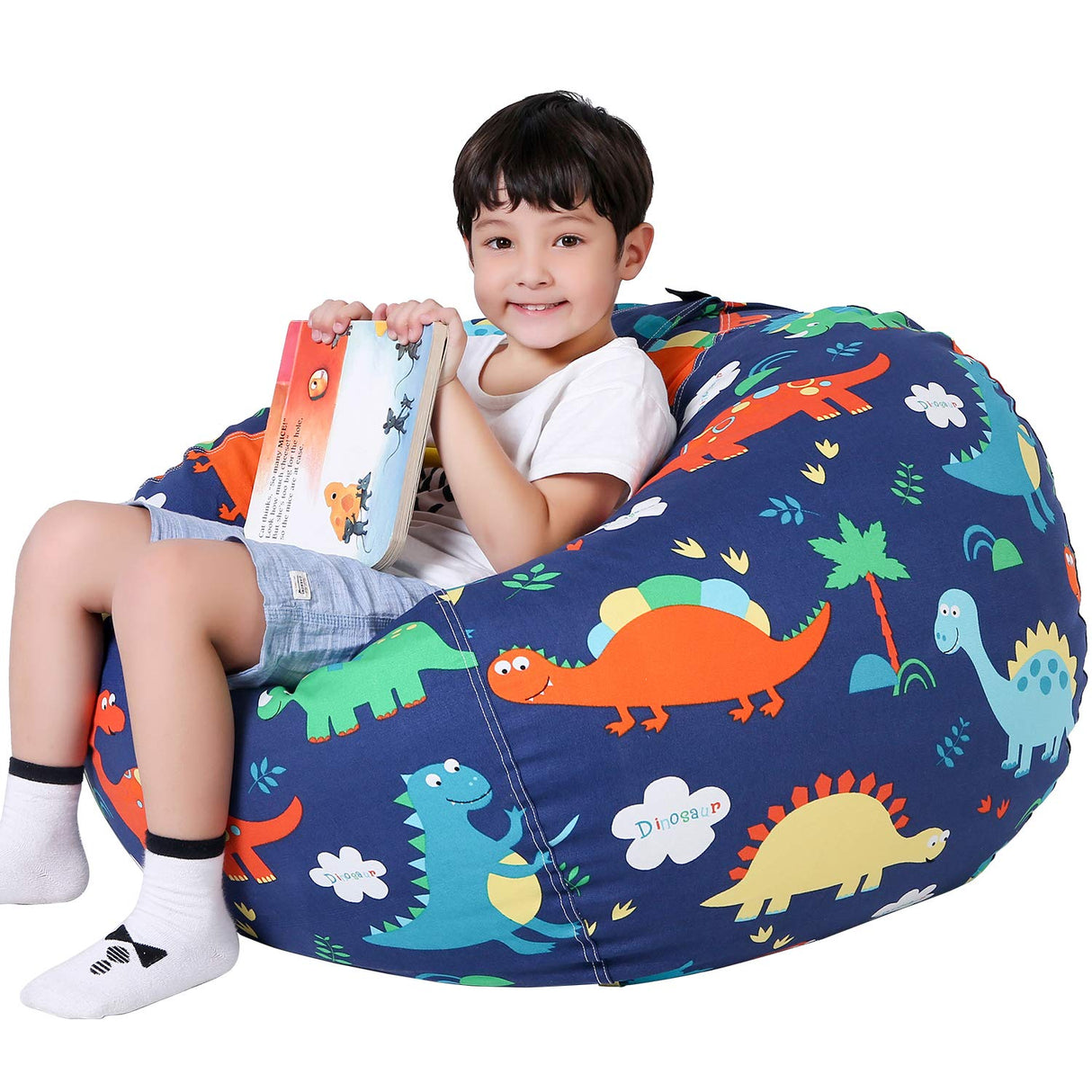Lukeight Stuffed Animal Storage Bean Bag Chair Cover (No Filling) for Kids, Dinosaur Zipper Beanbag Chair Cover for Organizing Toddler and Kids' Rooms Plush Toys (Dinosaur, Large) Lukeight