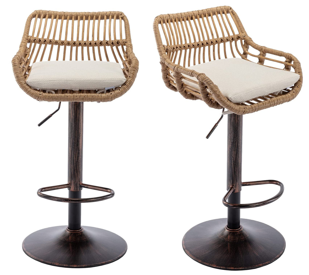Kakotito Rattan Bar Stools, Adjustable Barstools with Linen Cushion, 360° Swivel Bar Stool with Low Back & Footrest, Classical Barstool Set of 2 for Kitchen and Bar (Brown) Kakotito