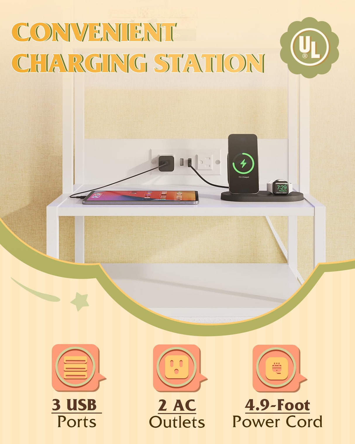 WLIVE Tall White Nightstand with Charging Station, LED Night Stand with 3 Fabric Drawers and Storage Open Shelves, Bedroom Nightstand Table, Bed Side Table for Living Room WLIVE