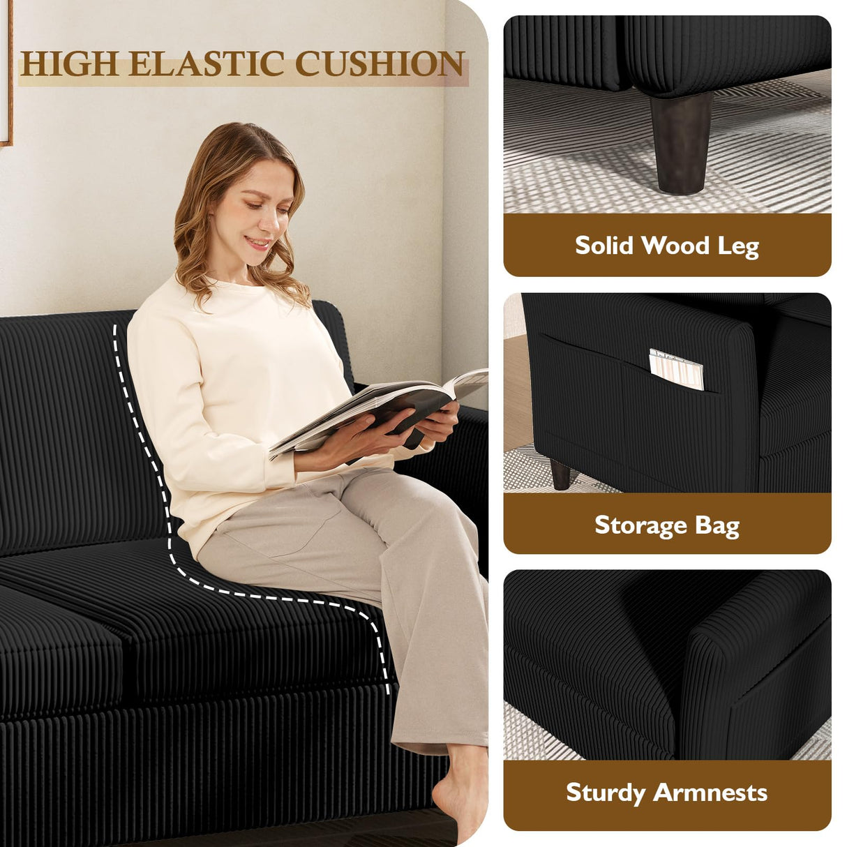 Valthie 60.6" Small Corduroy Loveseat Sofa, Mid-Century Modern 2-Seater Couch with Side Pockets for Small Spaces, Black – Perfect for Living Room, Bedroom, Office & Apartment Valthie