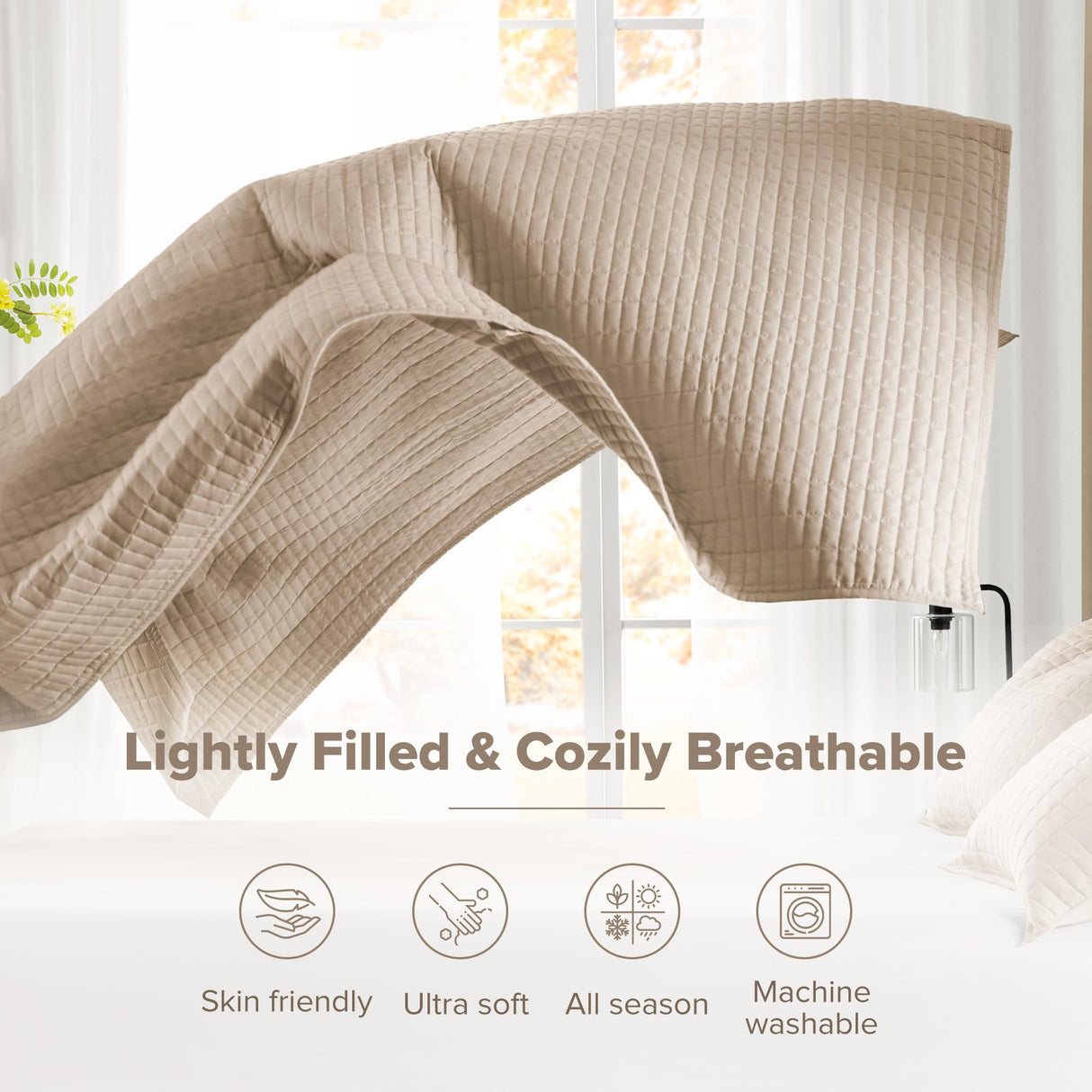 Comfort Spaces Kienna Quilt Set- Double Sided Stitching Design Summer Blanket, Lightweight, Soft, All Season Bedding Layer, Matching Sham, Taupe, Coverlet Full/Queen(90"x90") 3 Piece Comfort Spaces