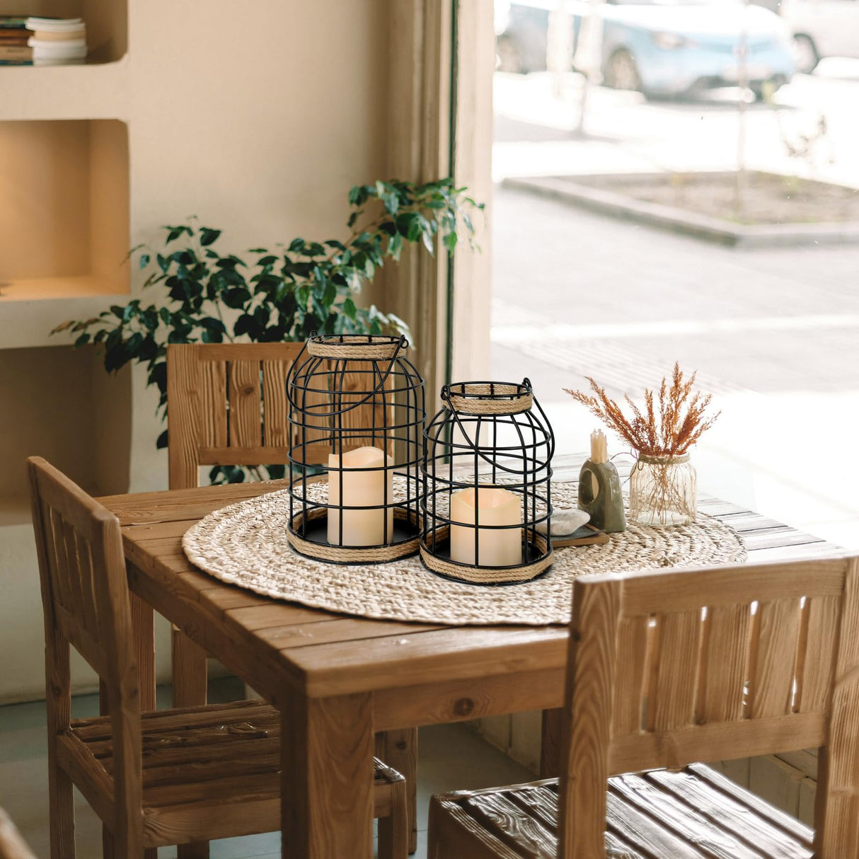 Lumeavetra Rustic Farmhouse Decorative Lantern Set of 2, Boho Lanterns with LED Candles, Modern Farmhouse Indoor Outdoor Decor for Living Room Patio Porch Fireplace Kitchen Dining Table Centerpiece Lumeavetra
