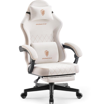 Dowinx Gaming Chair Fabric with Pocket Spring Cushion, High Back Ergonomic Computer Chair with Footrest for Adults, Massage Lumbar Support Swivel Game Chair for Office Gaming 300LBS, Beige
