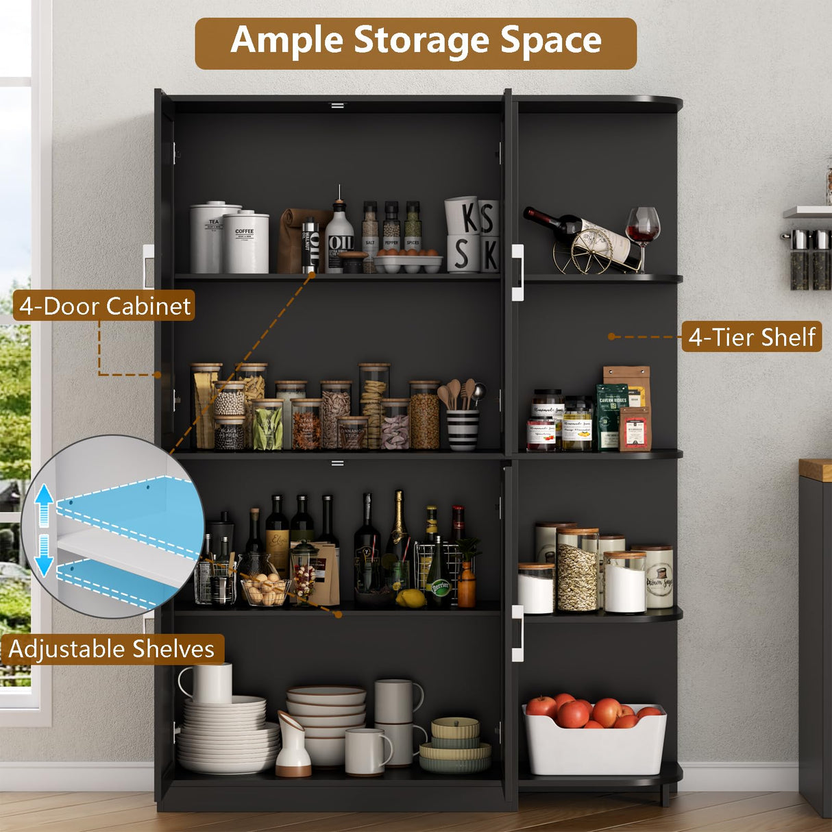 Loomie Kitchen Pantry Storage Cabinet, Food Pantry Cabinet with Doors & Adjustable Shelves, 64" Tall Kitchen Cabinet with 5-Tier External Shelf, Freestanding Cupboard for Kitchen (Black) Loomie