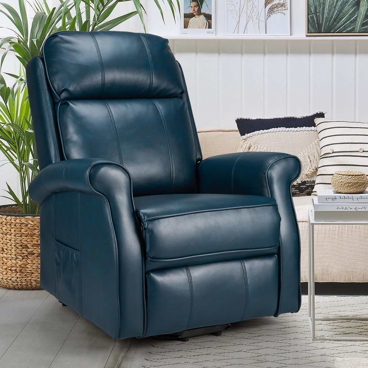 Esright Electric Power Lift Recliner Chair, with Side Pocket & Remote Control, Faux Leather Electric Recliner Chairs for Elderly, Blue Esright