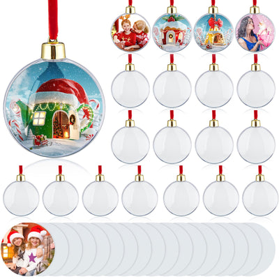 Hotop 24 Pcs Photo Ornament Ball Christmas Sublimation Blanks Photo Frame Ornaments Christmas Tree Hanging Photo Ball Decoration DIY Plastic Photo Baubles for Christmas Valentine's Day Decor