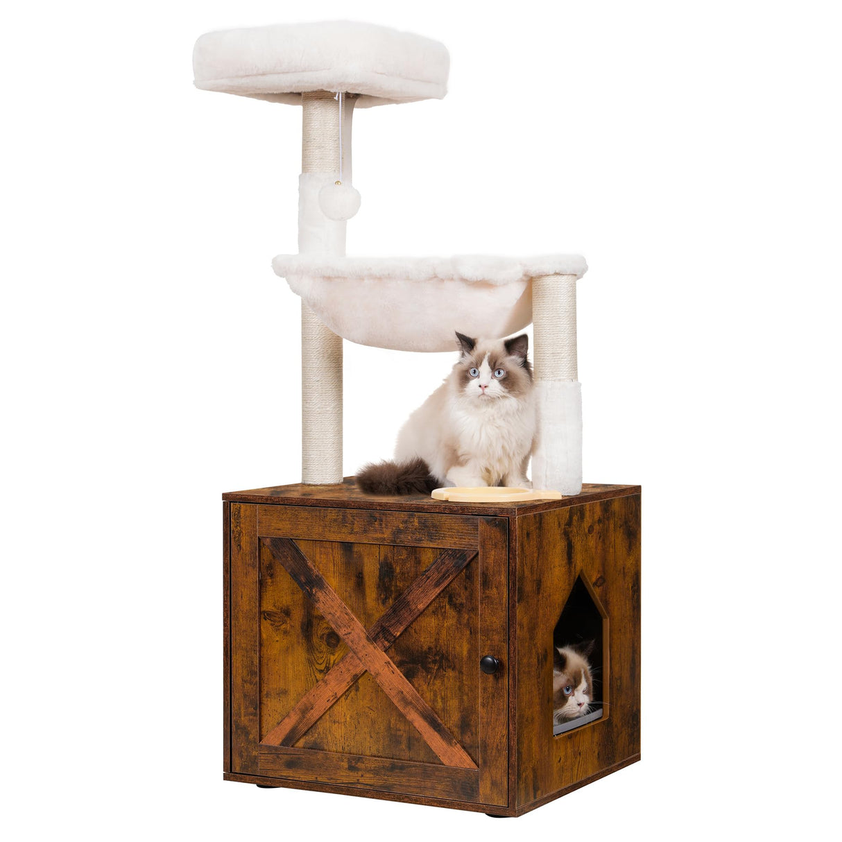 Hey-brother Cat Tree with Litter Box Enclosure, All-in-one Cat Tower for Indoor Cats with Large Hammock, Bed, Food Station, Scratching Posts, Modern Style Pet Furniture, Rustic Brown MPJ100SR Hey-brother
