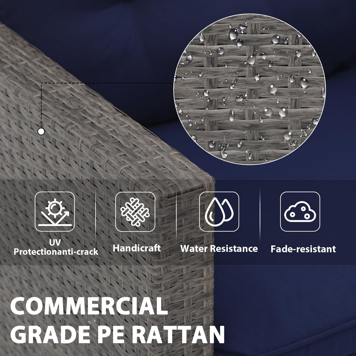 JOIVI Outdoor Patio Furniture Set, Small Sectional Conversation Set, All-Weather Wicker Furniture Sofa Set, L-Shaped Outdoor Patio Seating with Cushions, Tempered Glass Coffee Table, Navy Blue JOIVI