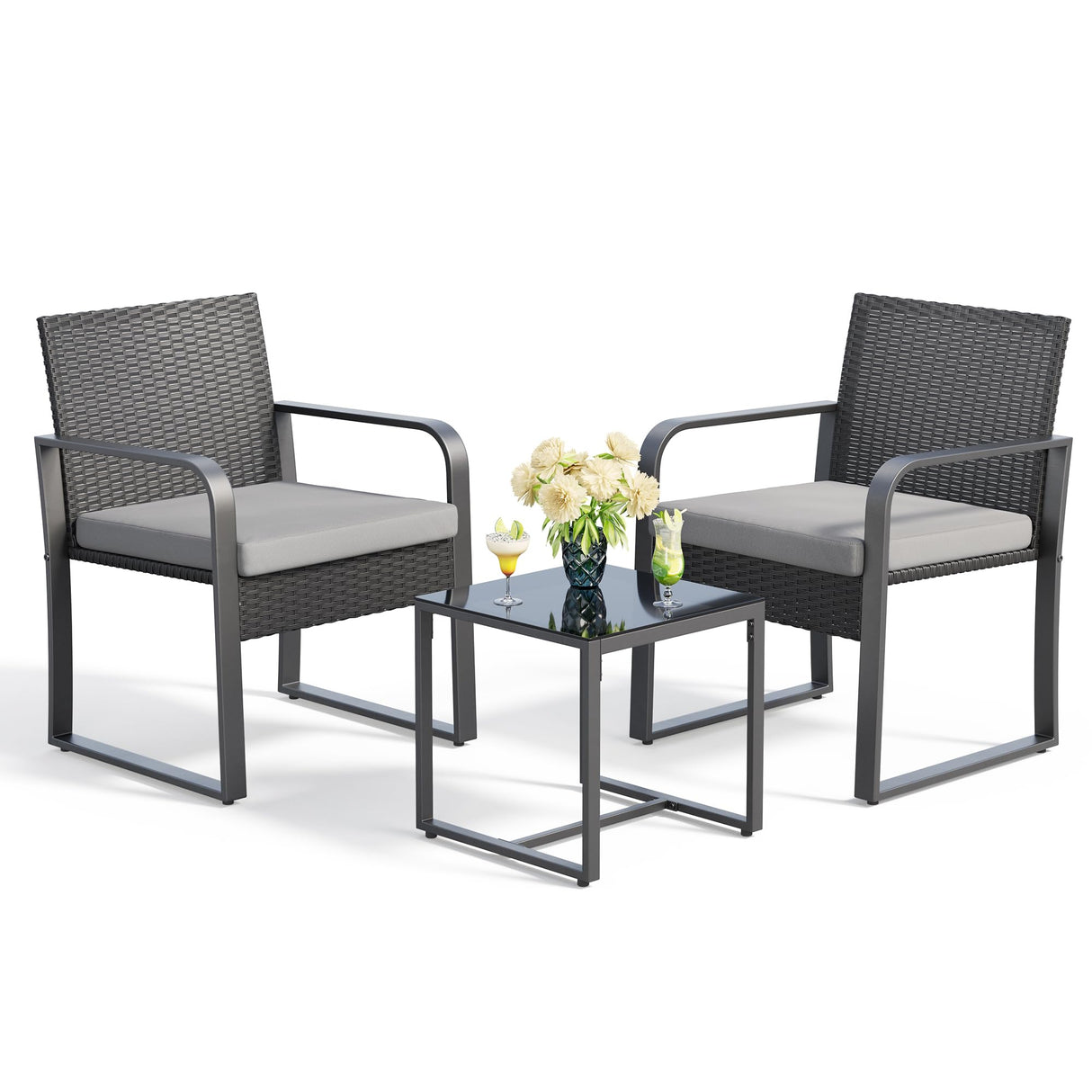 Gizoon 3 Pieces Patio Set Outdoor Wicker Furniture Sets, Modern Rattan Chair Conversation Sets with Coffee Table, for Yard, Bistro, Garden, Balcony, Poolside, Grey Gizoon