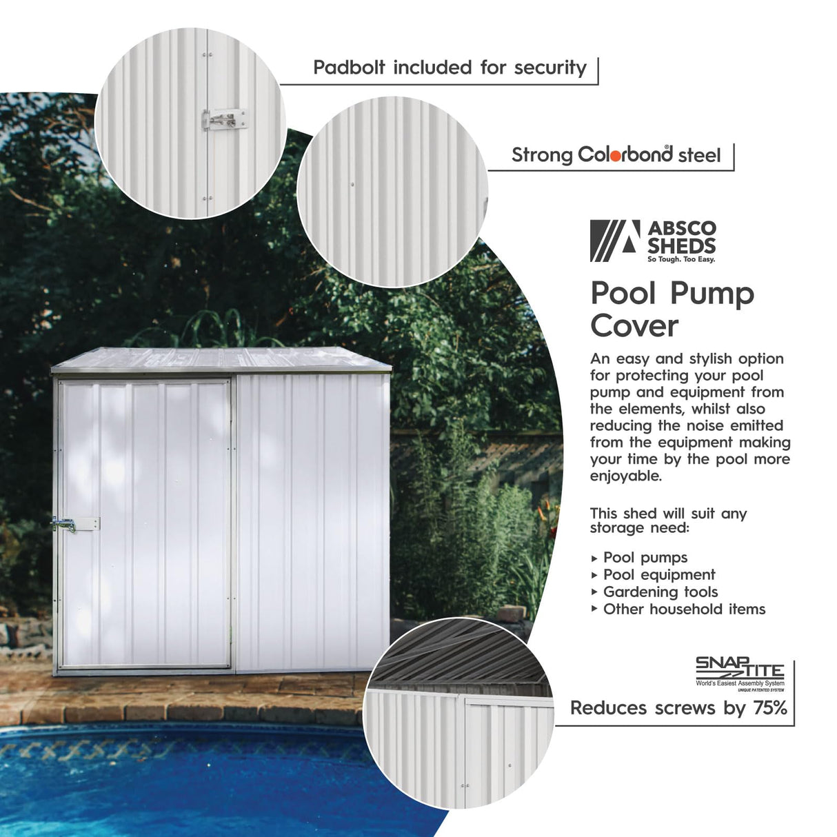 ABSCO Pool Pump Cover - Versatile Horizontal Storage Shed | 5 x 5 ft | Easy Assembly | Surfmist| Ideal for Pool, Trash Cans, Garden & Pool Equipment | SNAPTiTE Assembly System | Safety Features ABSCO
