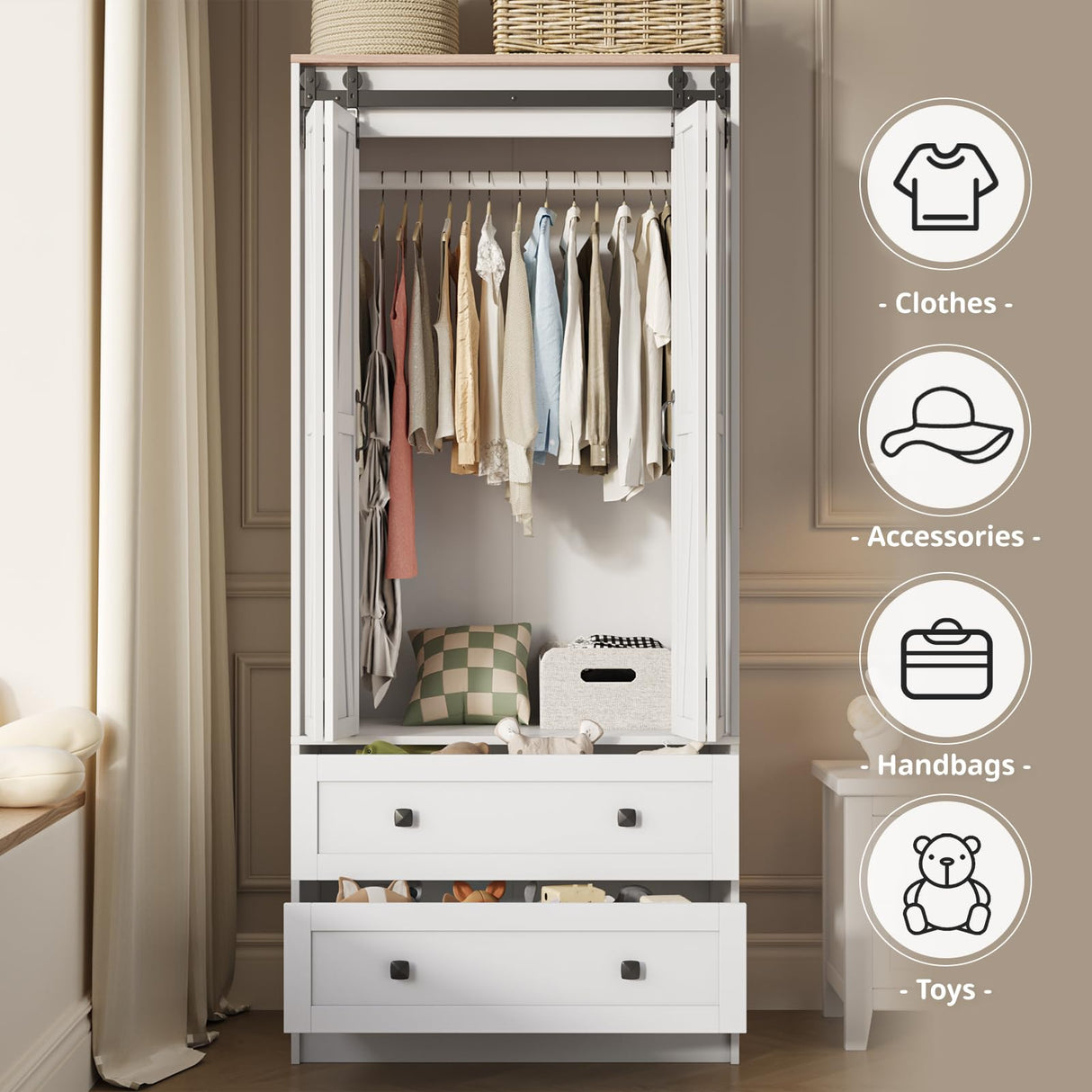 Maupvit Farmhouse Armoire with 2 Folding Sliding Barn Doors and Drawers 70.9" Tall Wooden Bedroom Wardrobe Closet with Spacious Storage Cabinet with Hanging Rod for Bedroom, White Maupvit